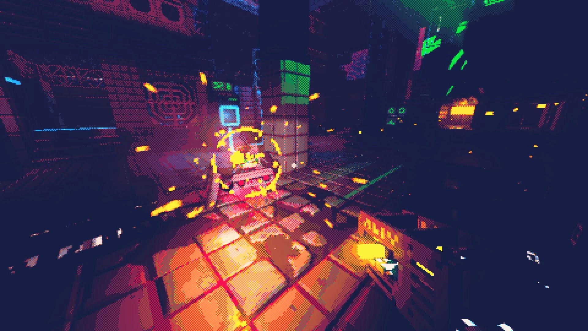 Reconfigure: First-person blast hits a robot amid sparks and block puzzle tiles in dark corridor.