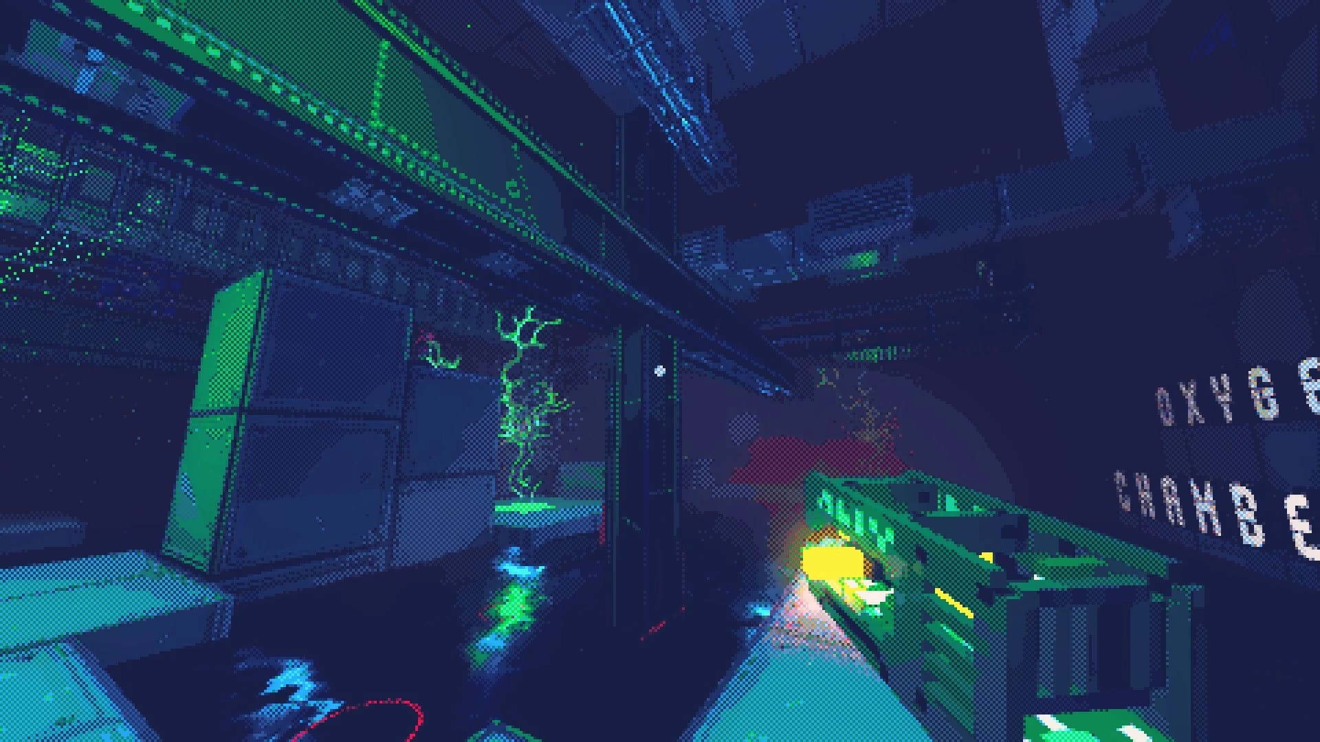 Reconfigure: First-person view firing a green rifle in a neon-lit industrial corridor with pipes overhead.