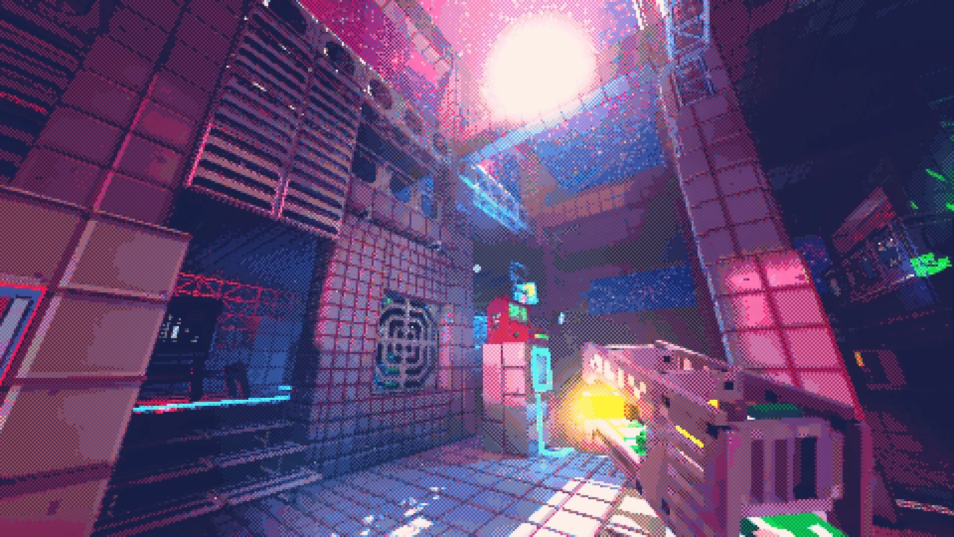 Reconfigure: First-person view firing a gun at glowing blocks in a neon-lit tiled starship room.