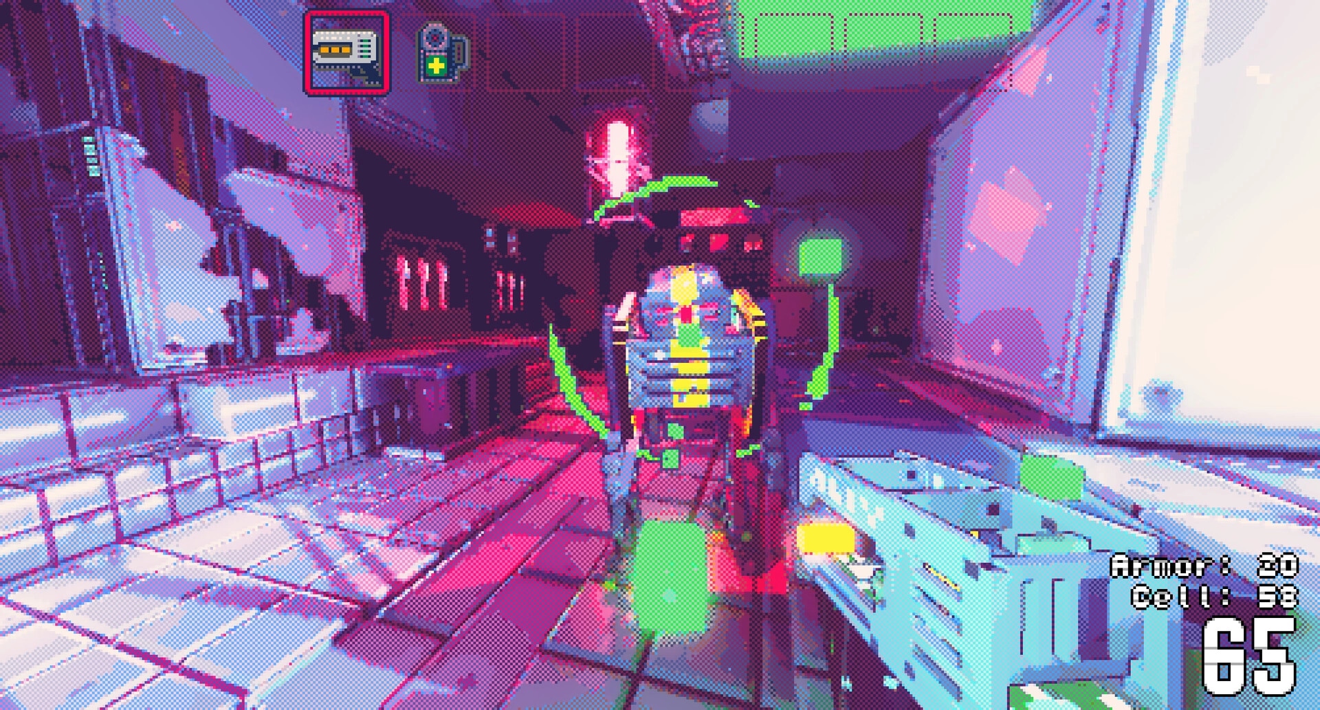 Reconfigure: First-person aiming at a robot enemy with ammo HUD in neon-lit starship corridor.
