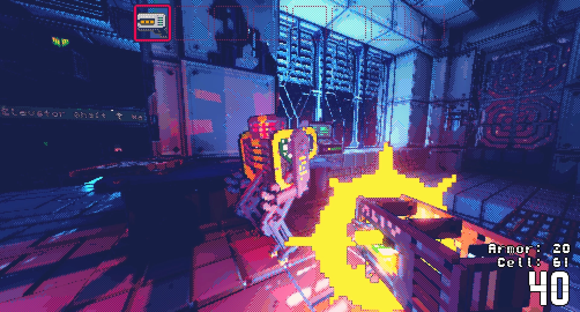 Reconfigure: Firing a gun at a robot in a server room, HUD shows armor, cells, and 40 ammo.