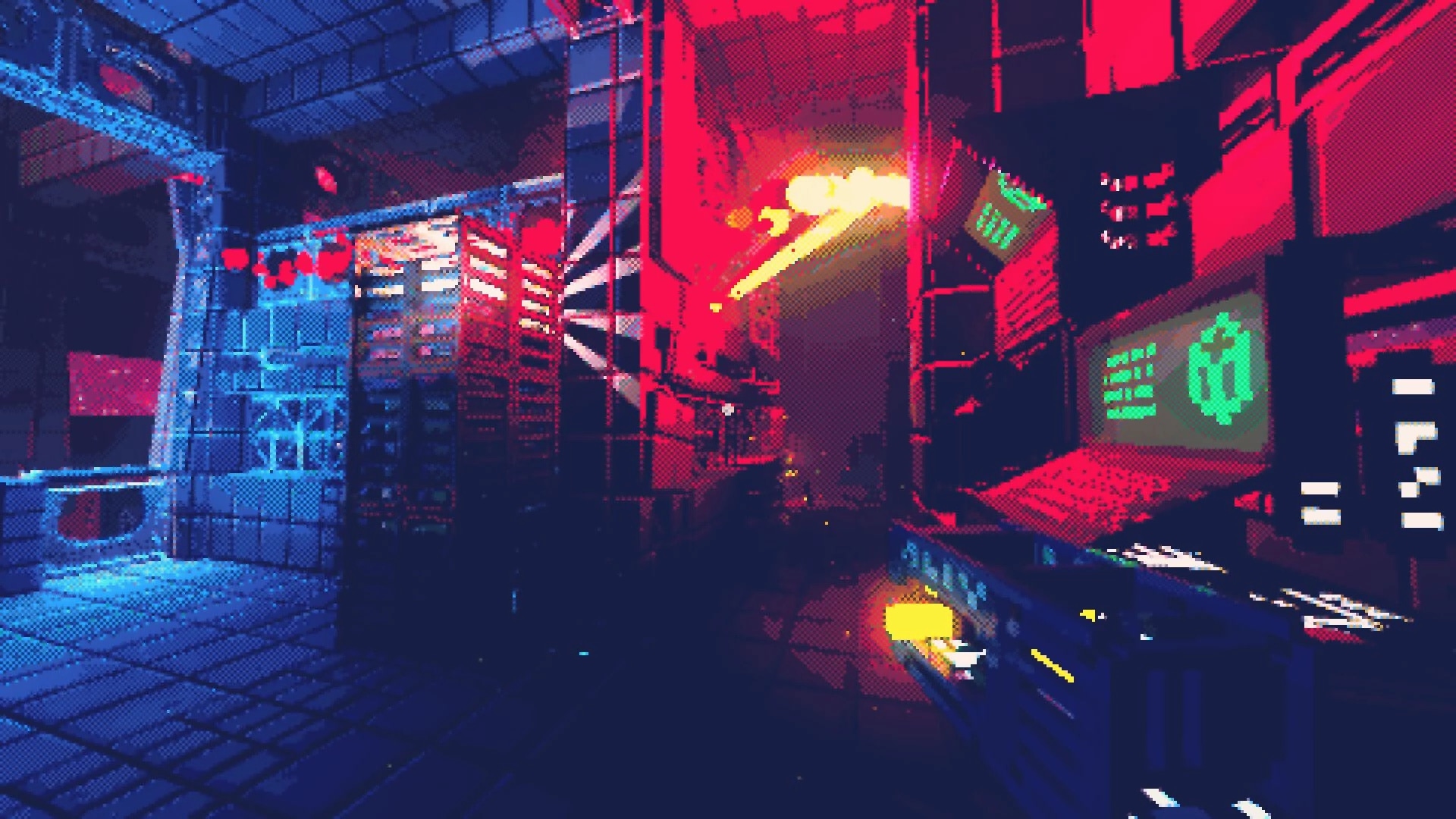 Reconfigure: First-person view aiming a gun at a glowing doorway in a neon-lit server room corridor.
