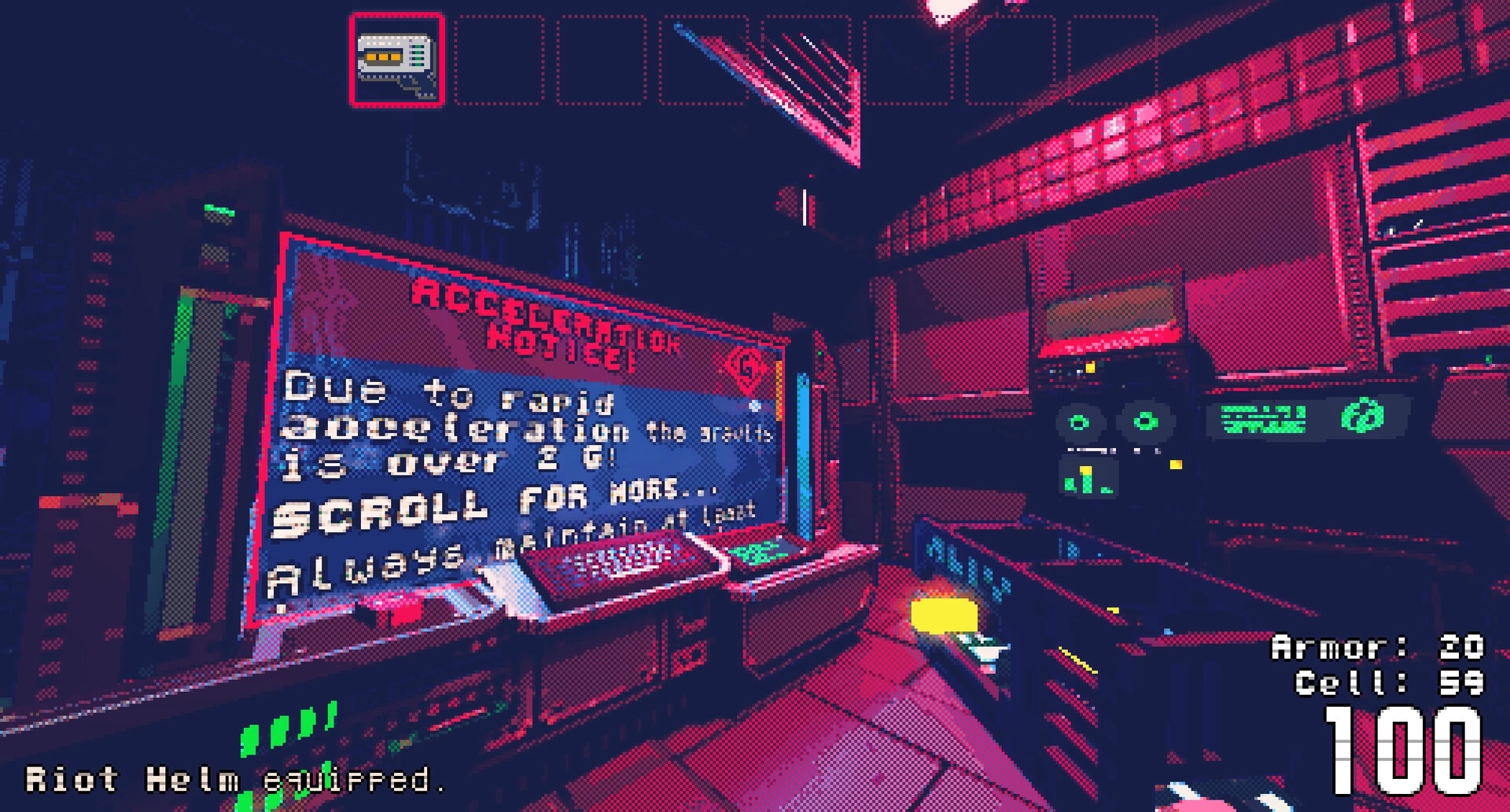 Reconfigure: First-person view reading an Acceleration Notice terminal in a neon-lit ship control room.