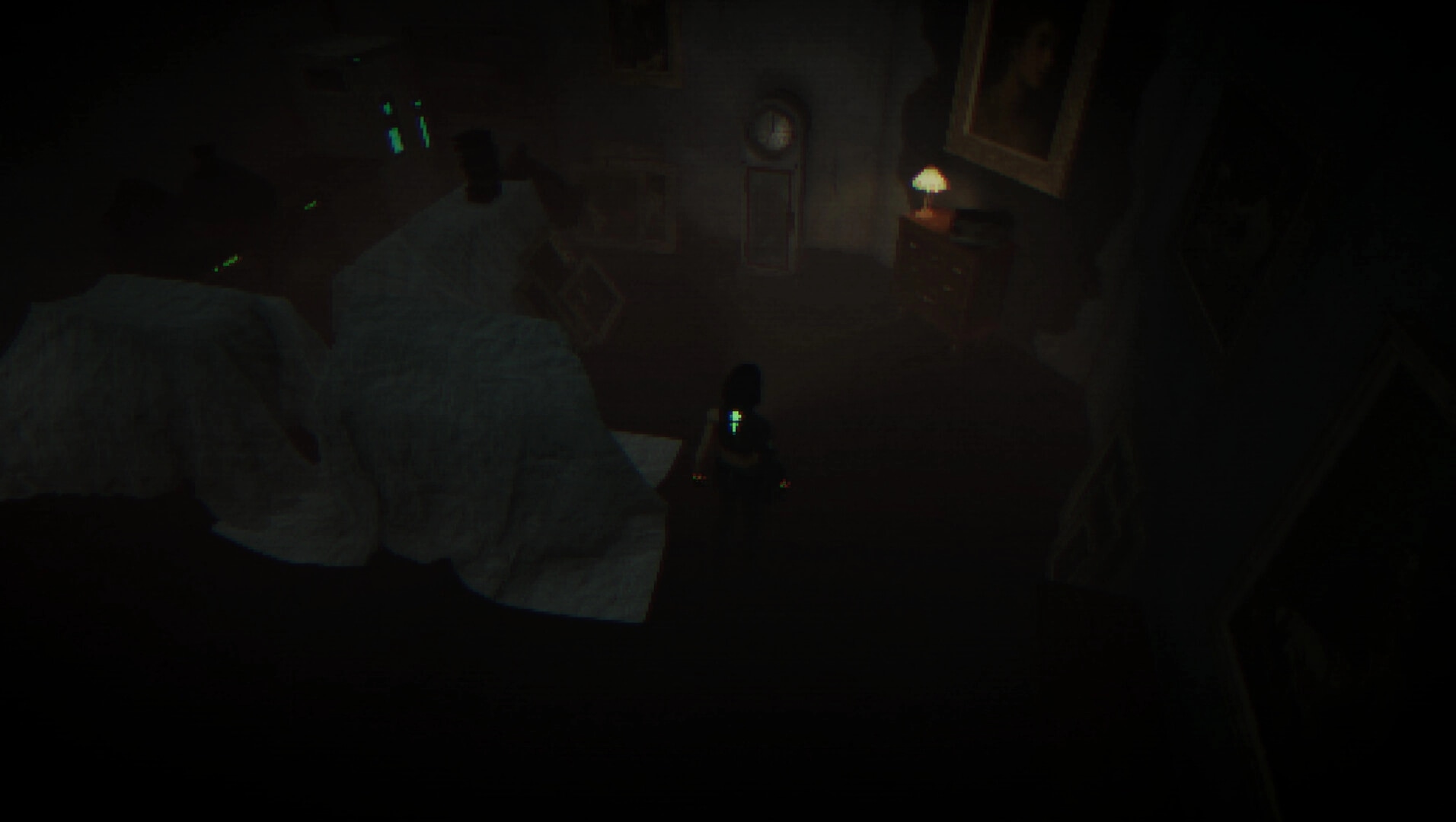 Recurrence: Player character stands by a bed with crosshair in a dim, dusty bedroom with lamp.