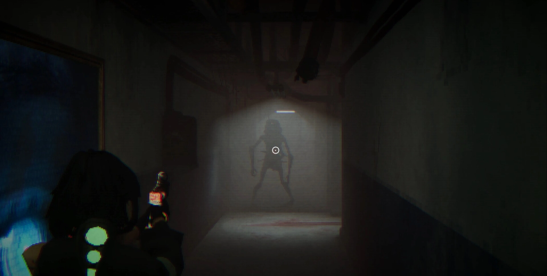 Recurrence: Aiming a handgun at a shadowy humanoid in a foggy, flickering-lit hallway corridor.