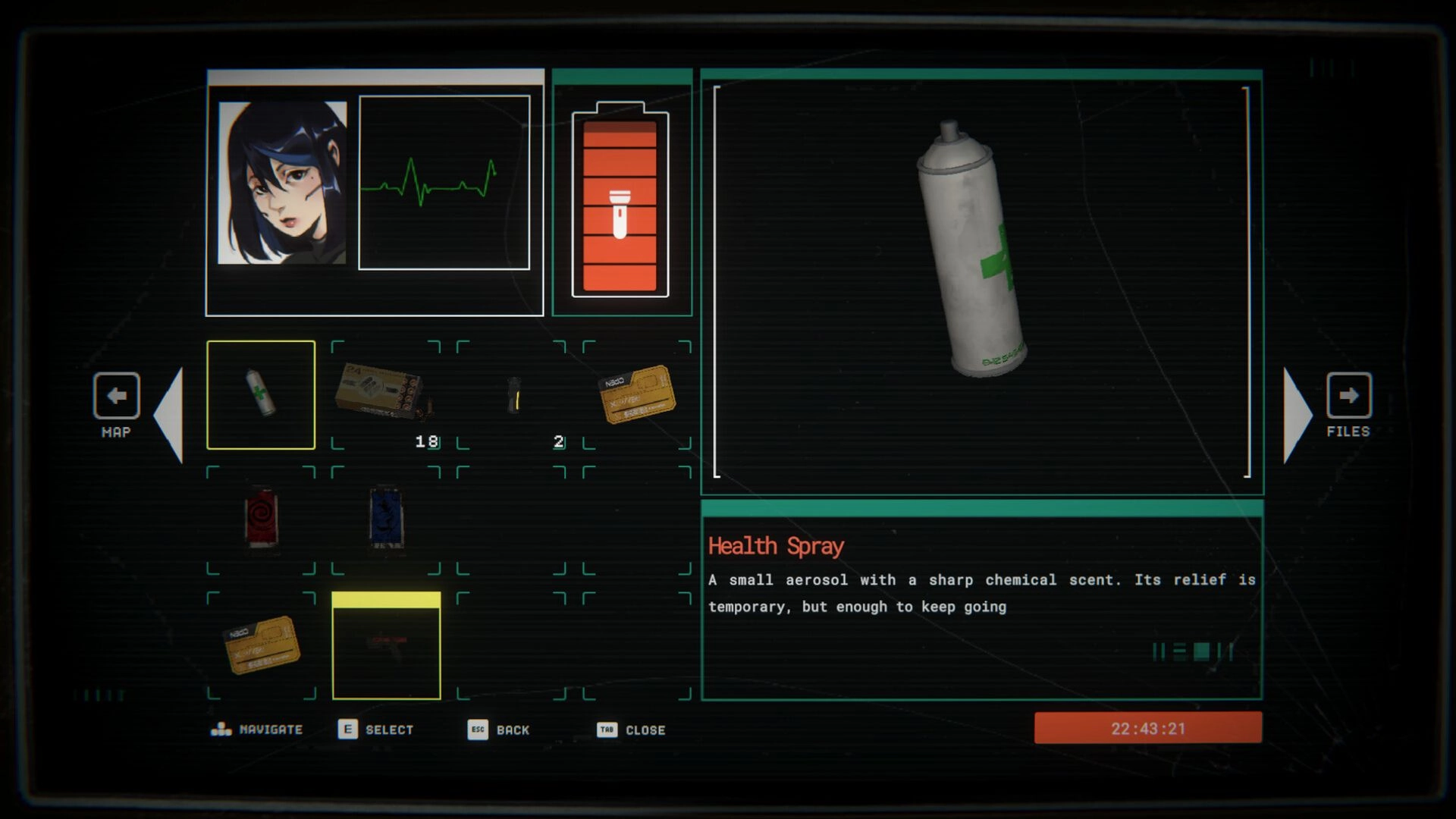 Recurrence: Inventory menu highlighting Health Spray item with character portrait and item grid UI.