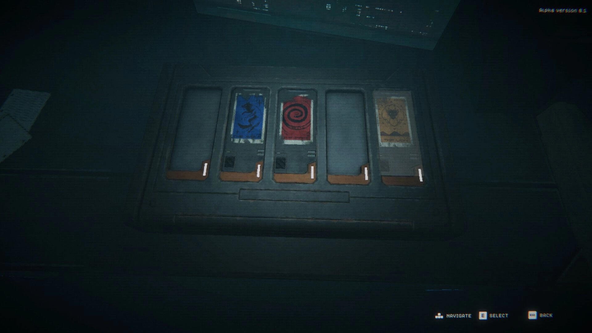 Recurrence: Card slot puzzle UI with three marked cards in a dim, metallic control panel room.