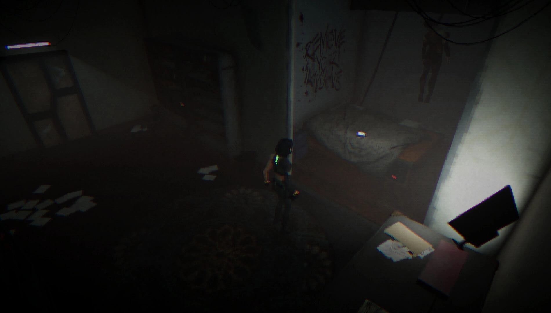 Recurrence: Third-person character explores a dim bedroom with messy bed, papers, and a desk monitor.