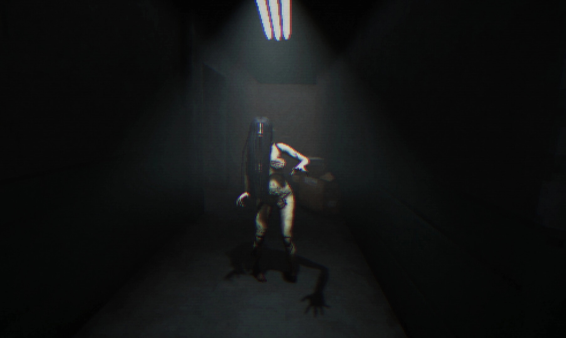 Recurrence: Long-haired humanoid creature advancing under flickering lights in a dark hallway corridor.