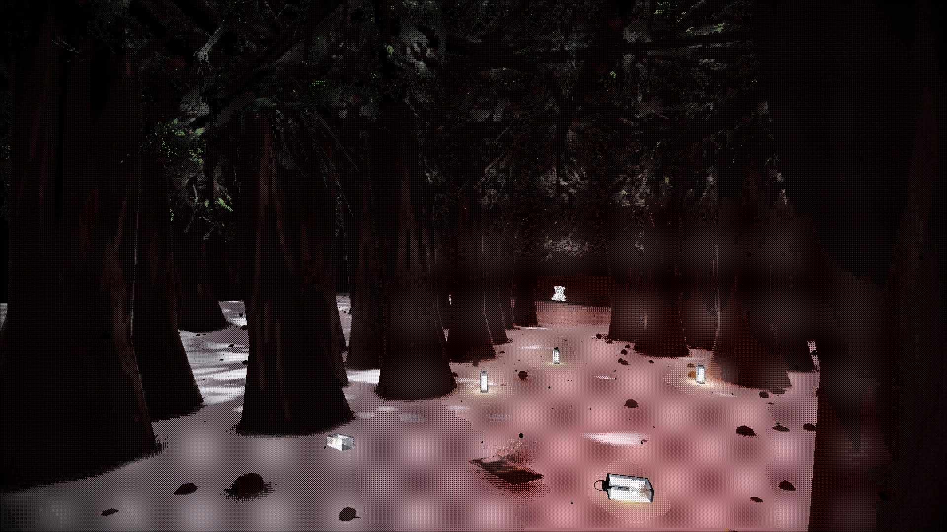 Red Lake: First-person view of a red-tinted forest path lined with glowing bottles under tall trees.