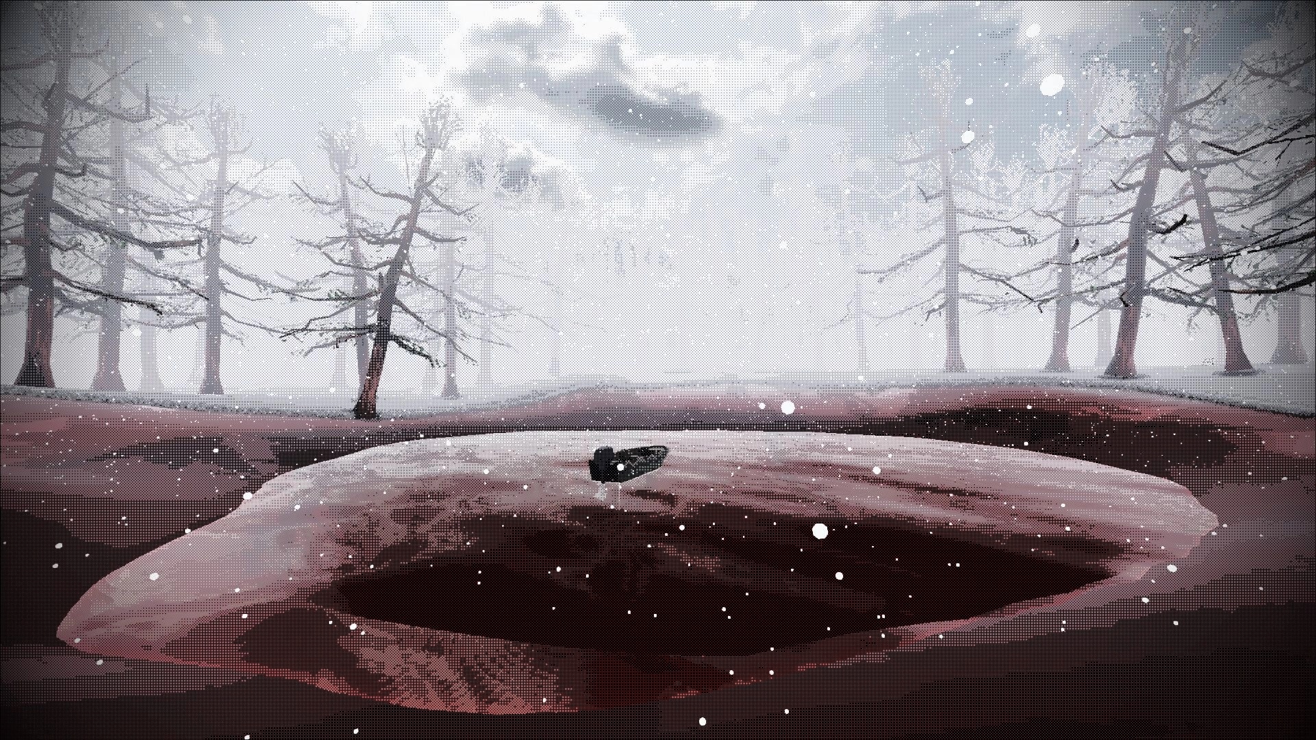 Red Lake: A flashlight floats in a blood-red lake as snow falls in a foggy, dead forest.