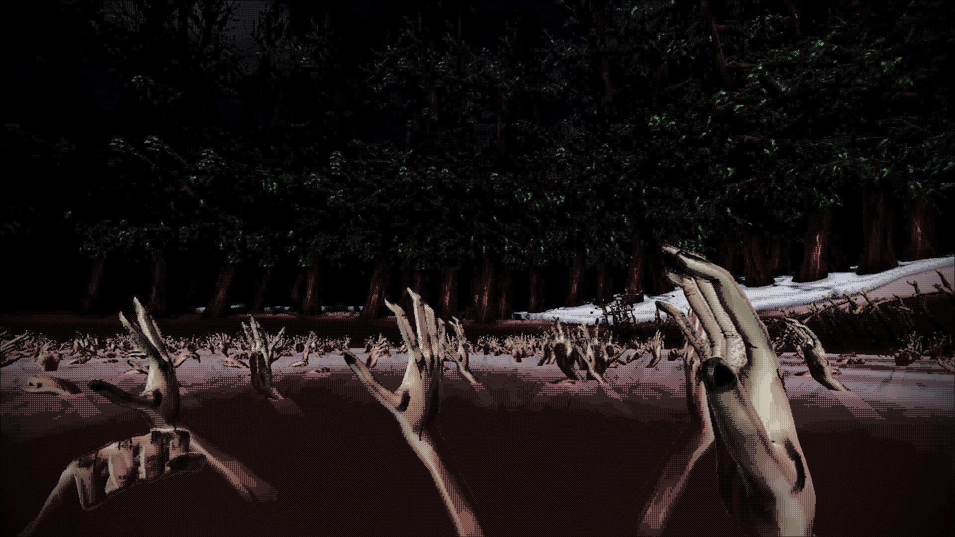 Red Lake: First-person view wading through a red swamp with dead branches and dark forest ahead.