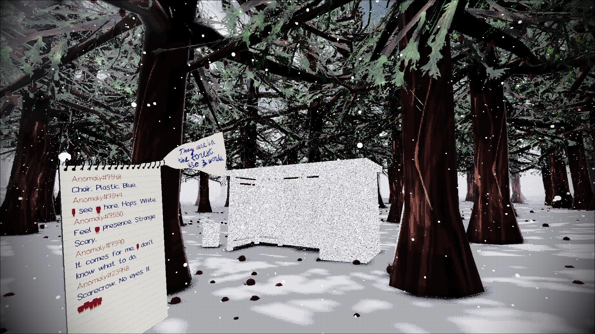 Red Lake: Open notebook UI listing anomalies beside a white cabin in a snowy pine forest.