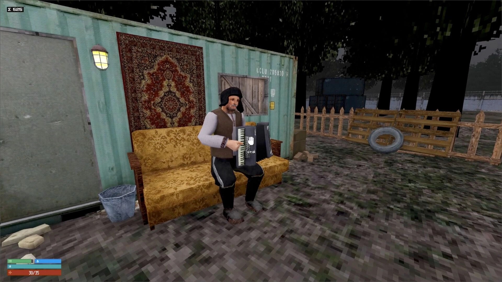 Red Light: NPC playing accordion on a sofa beside a shipping container in a wooded area with UI visible.