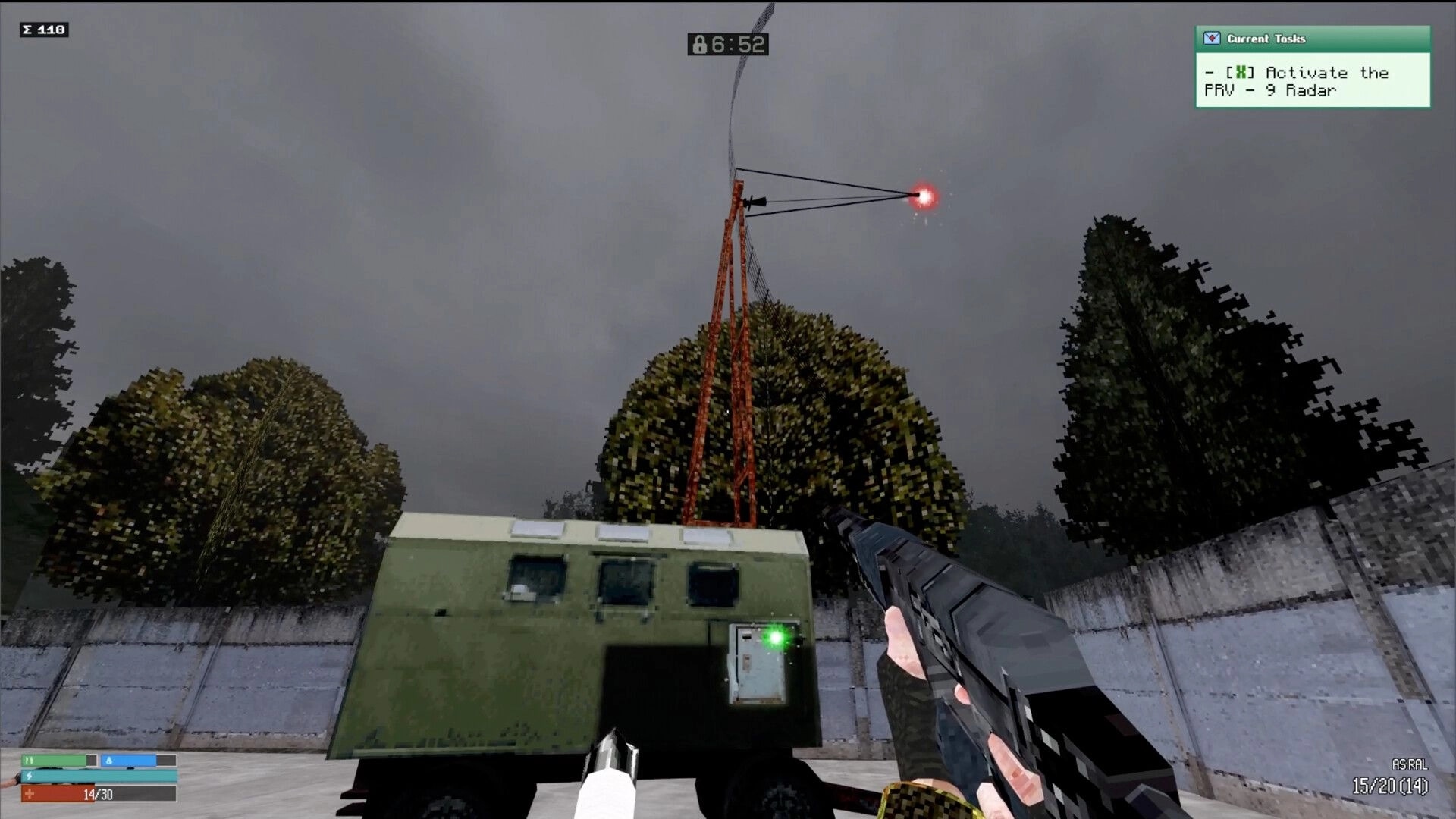 Red Light: Player aims a rifle at a radar tower near a green vehicle in a gloomy forest setting.
