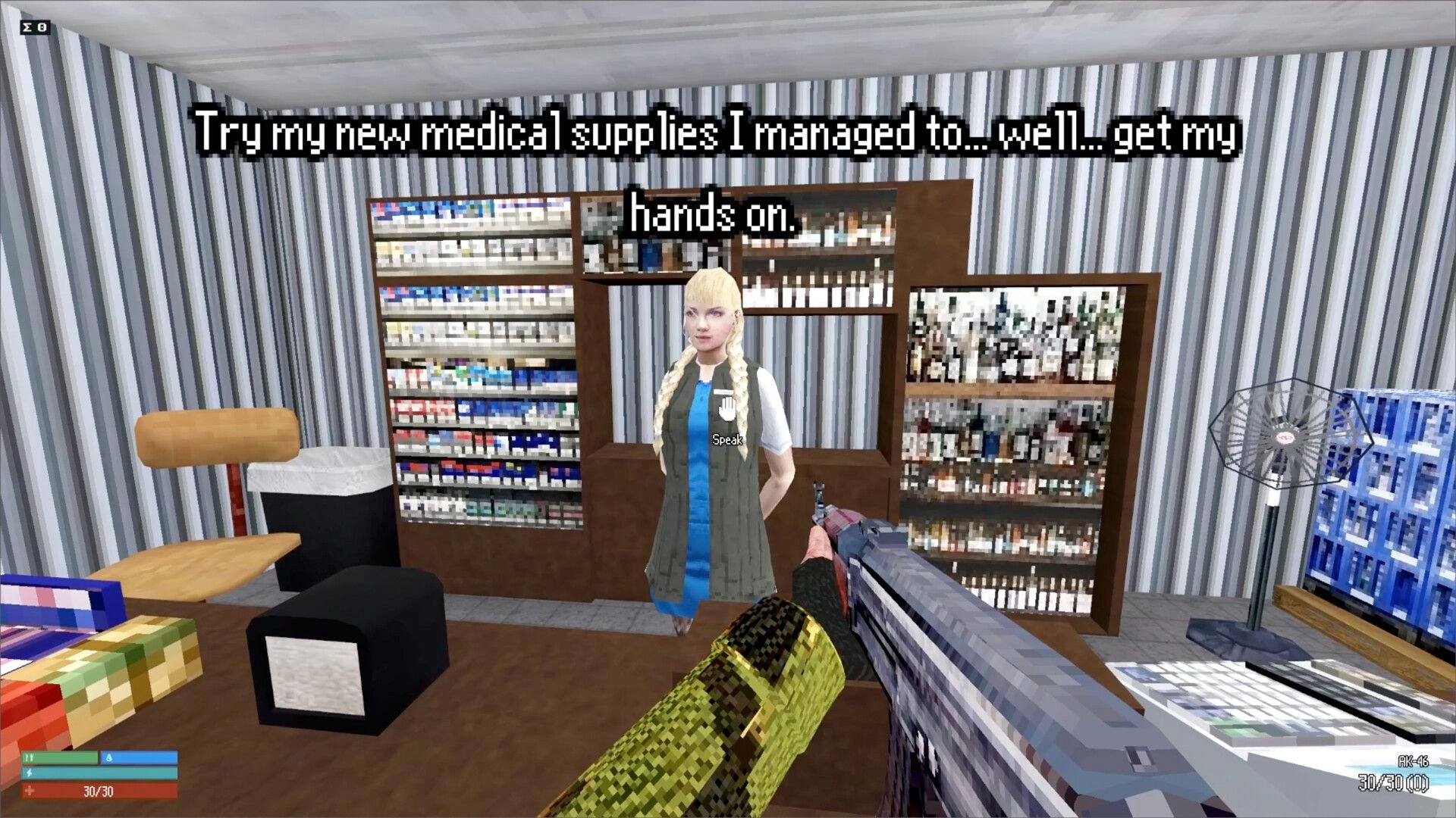 Red Light: Interacting with a female NPC in a supply room, shelves stocked with medical items visible