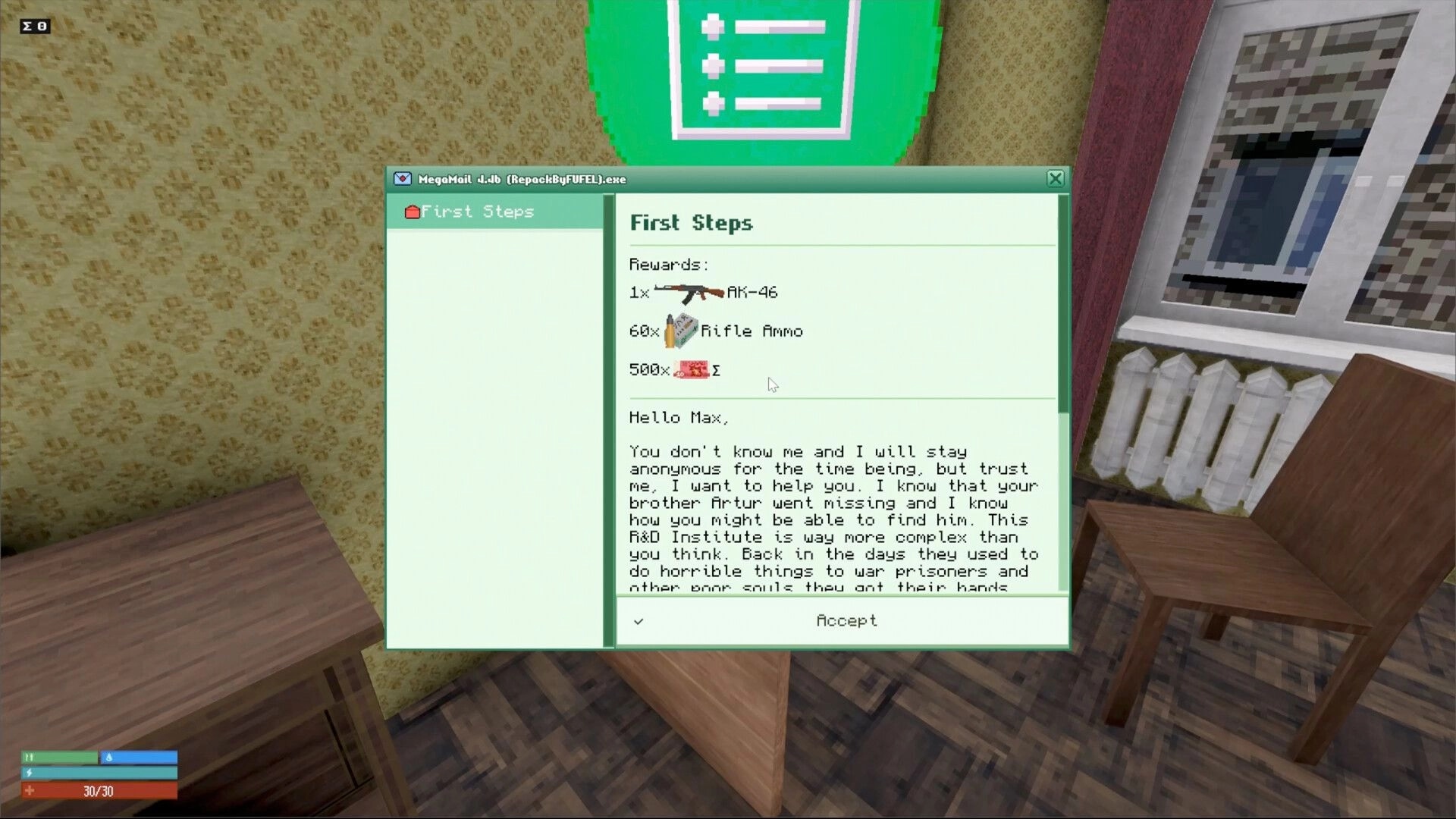 Red Light: Email interface with mission details and rewards displayed in a retro-styled office setting.