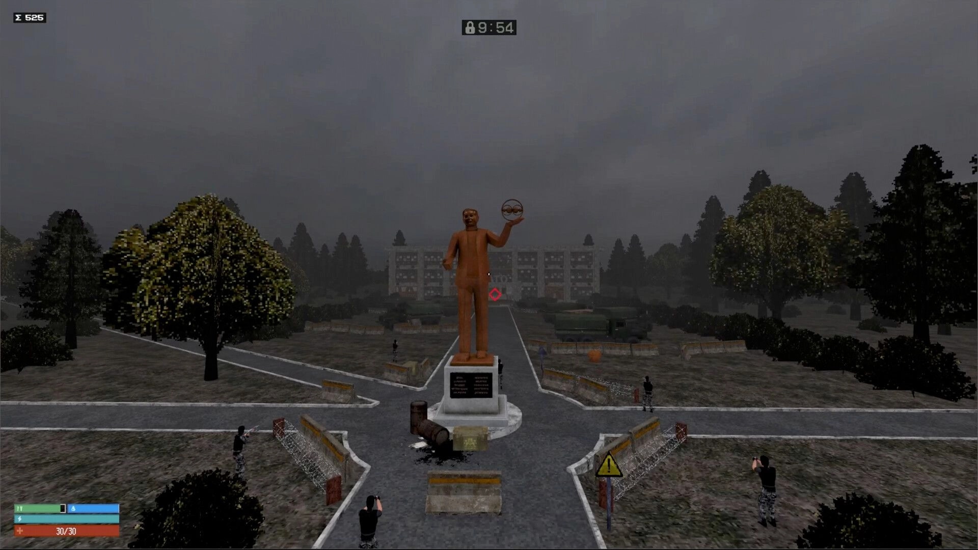 Red Light: Player aiming weapon near large statue in foggy institute courtyard with timer displayed