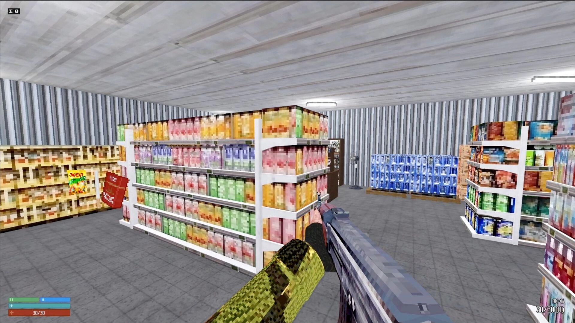 Red Light: First-person view holding rifle in pixelated supermarket with colorful shelves and supplies