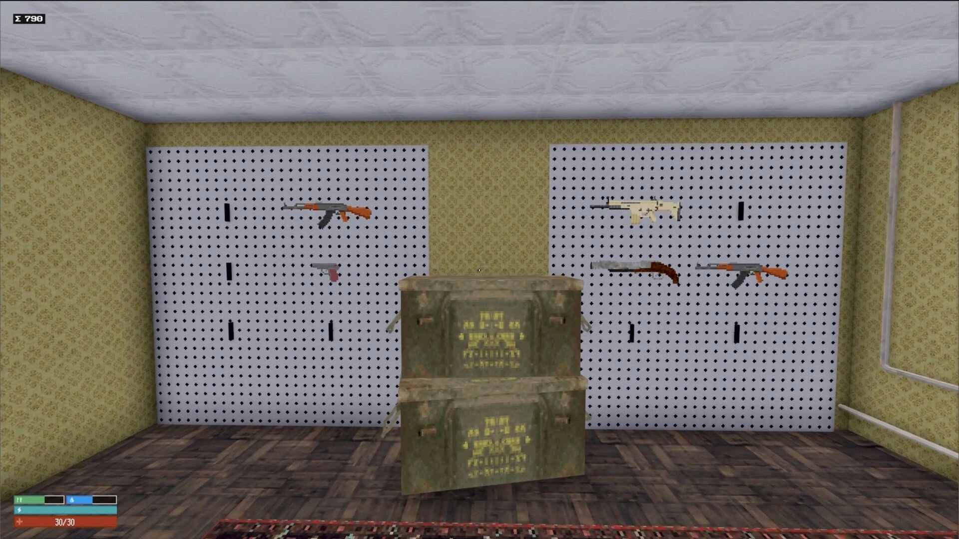 Red Light: Weapon selection room with guns displayed on pegboards and ammo crates in a retro environment