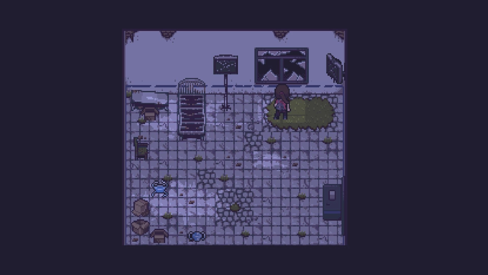 Red Rain: Pixel survivor stands by broken window on cracked tiled floor in a ruined room with debris.