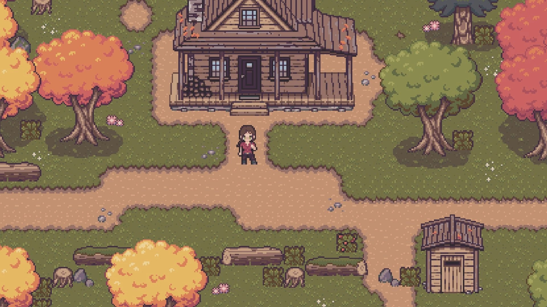 Red Rain: Player character stands on a dirt crossroads outside a cabin amid autumn trees and logs.