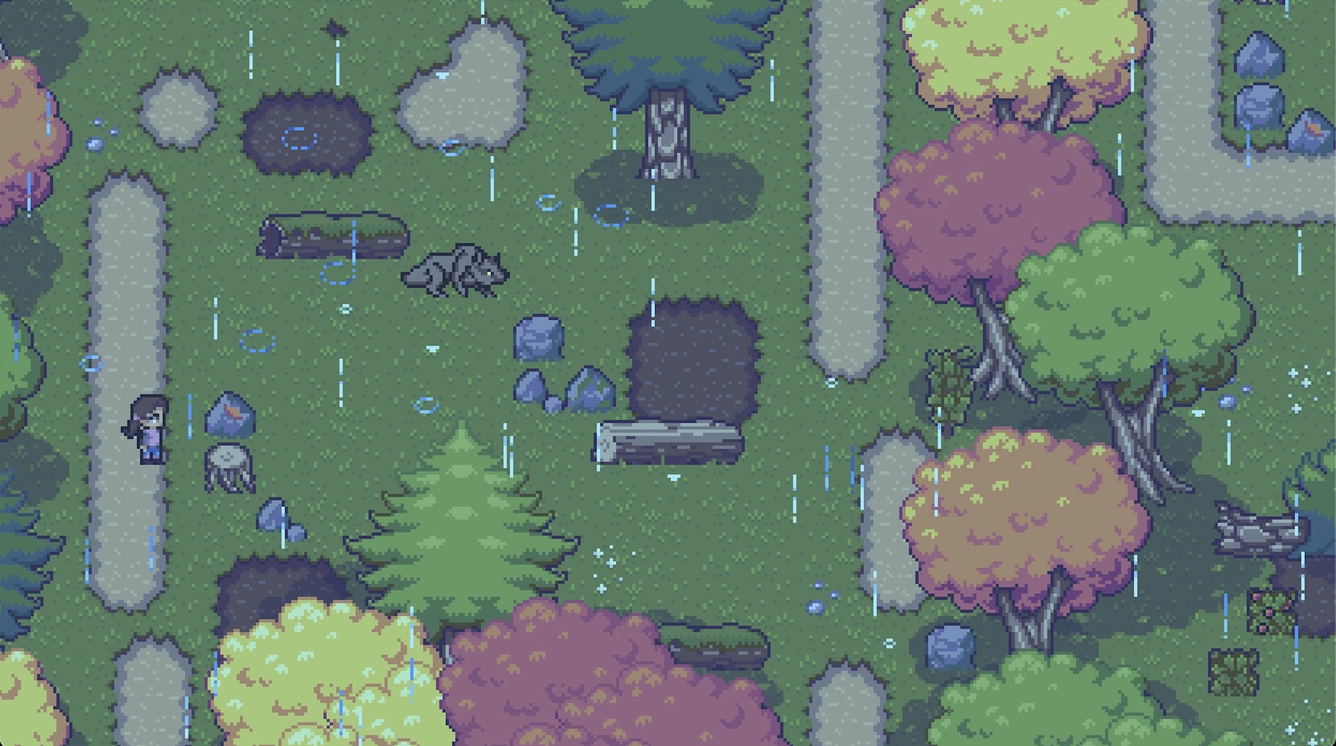 Red Rain: Player character walks a rainy forest trail past logs, rocks, and stumps in pixel art map.