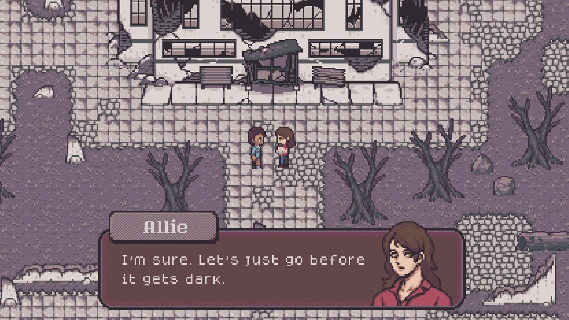 Red Rain: Allie talks in a dialogue box as two characters stand by a ruined building and dead trees.