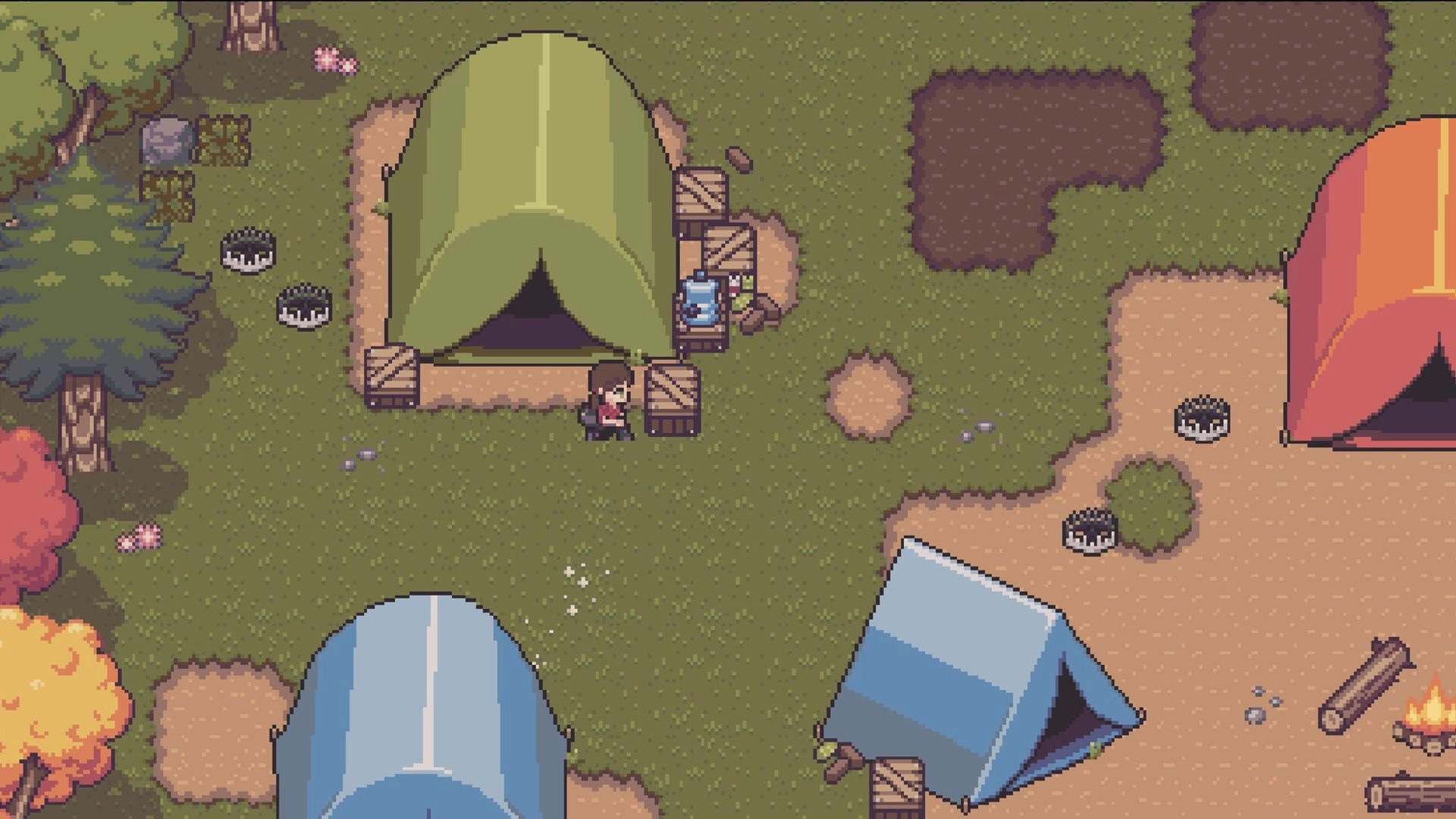 Red Rain: Pixel survivor stands by green tent and crates in a small campsite with trees and firepit.