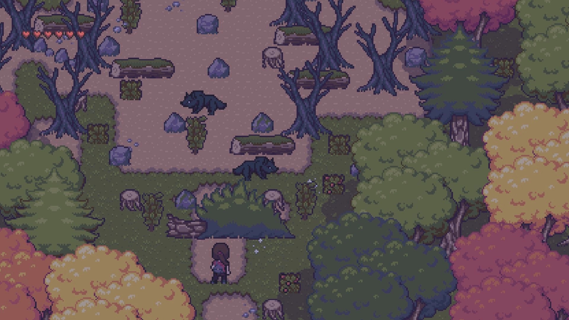 Red Rain: Character approaches two wolves on a forest path with hearts UI amid rocks and fallen logs.