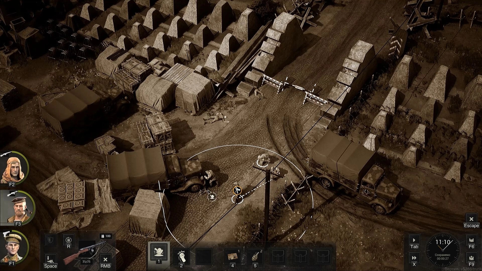 Red Recon: Scout aims at a guard near trucks and tents at a road checkpoint, stealth UI visible.