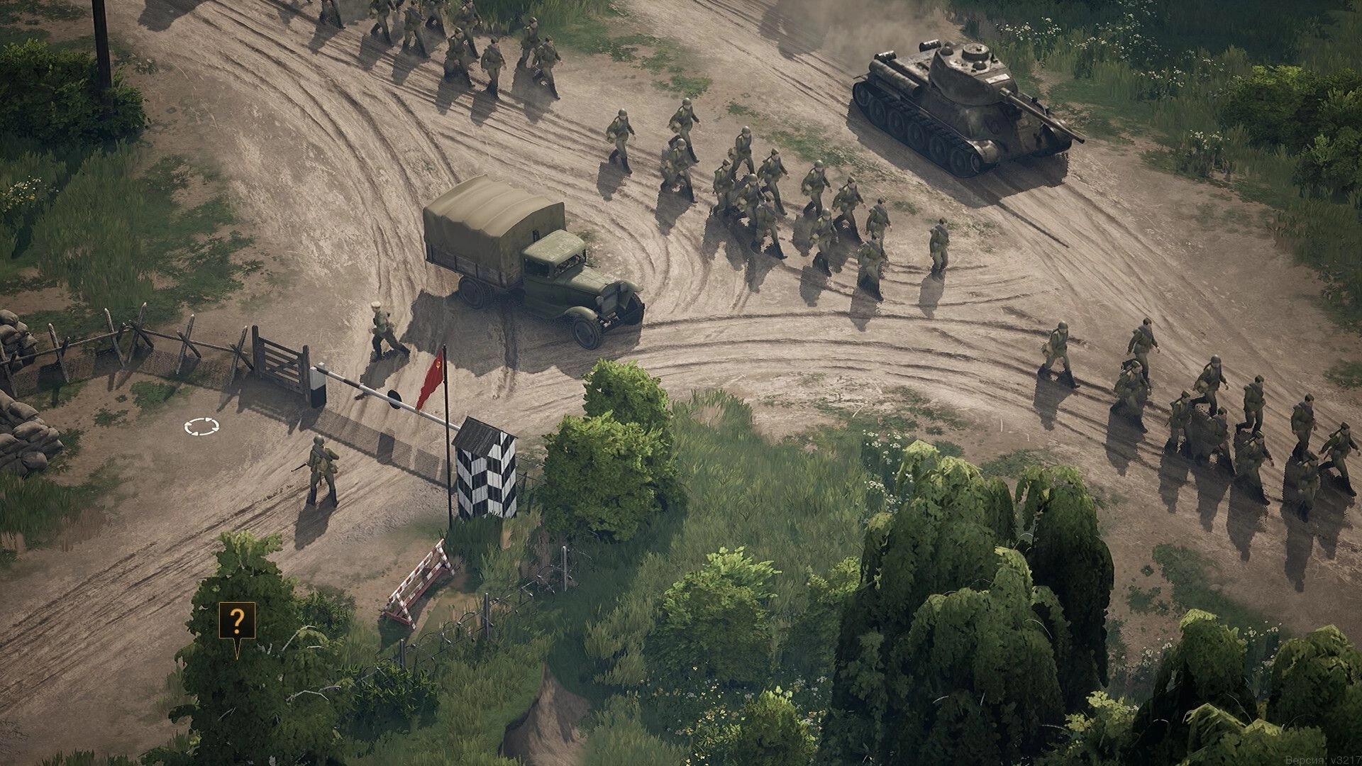 Red Recon: Soldiers gather near a supply truck and tank at a dirt road checkpoint with flags.