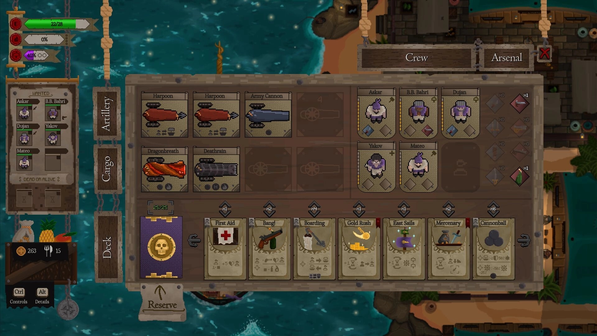 Red Rogue Sea: Crew and artillery management screen with tactical cards overlaid on a docked ship.