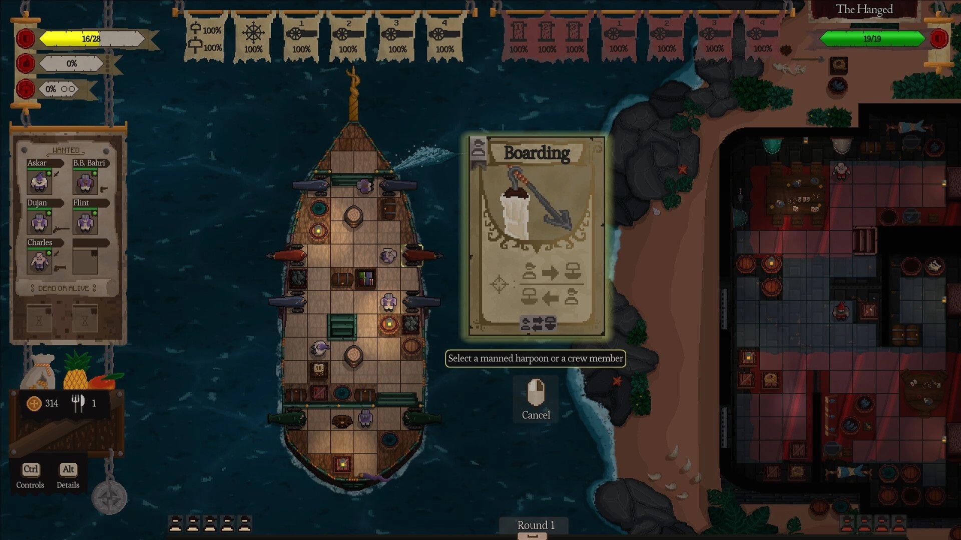 Red Rogue Sea: Pirate ship deck with crew, wanted list, and boarding card near island shore.