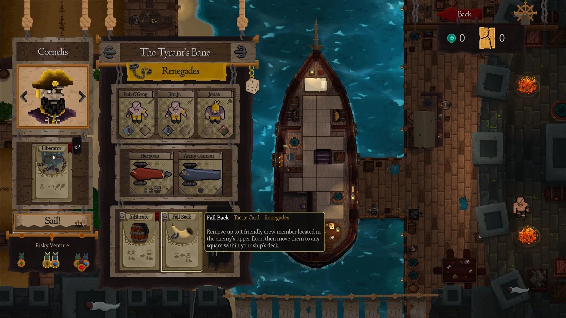 Red Rogue Sea: Crew management menu with tactical cards and ship view in a harbor setting.