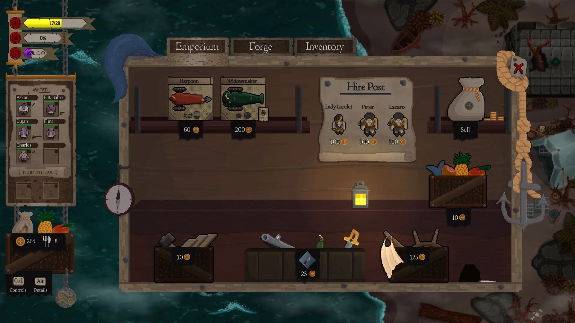 Red Rogue Sea: Shop interface with harpoon and crew hire options on a pirate ship deck.