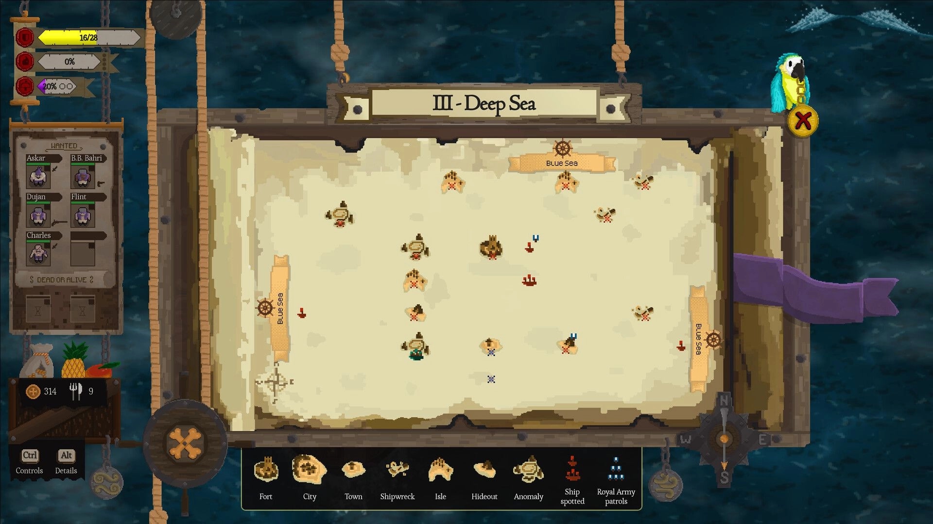 Red Rogue Sea: Map navigation screen showing pirate locations and status indicators in Deep Sea setting