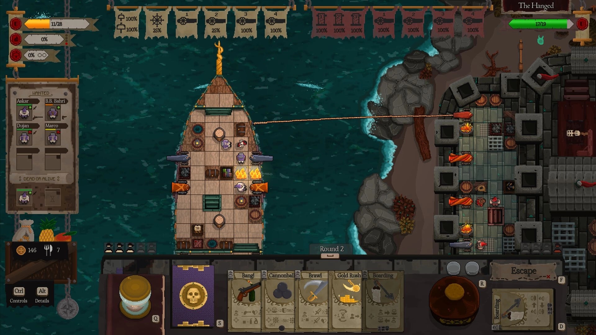 Red Rogue Sea: Ship-to-ship combat interface with deck view and tactical card options near rocky shore