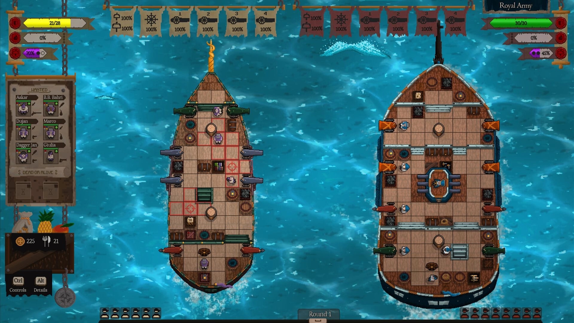 Red Rogue Sea: Tactical ship battle with pirate crew on grid layout against enemy vessel in open sea