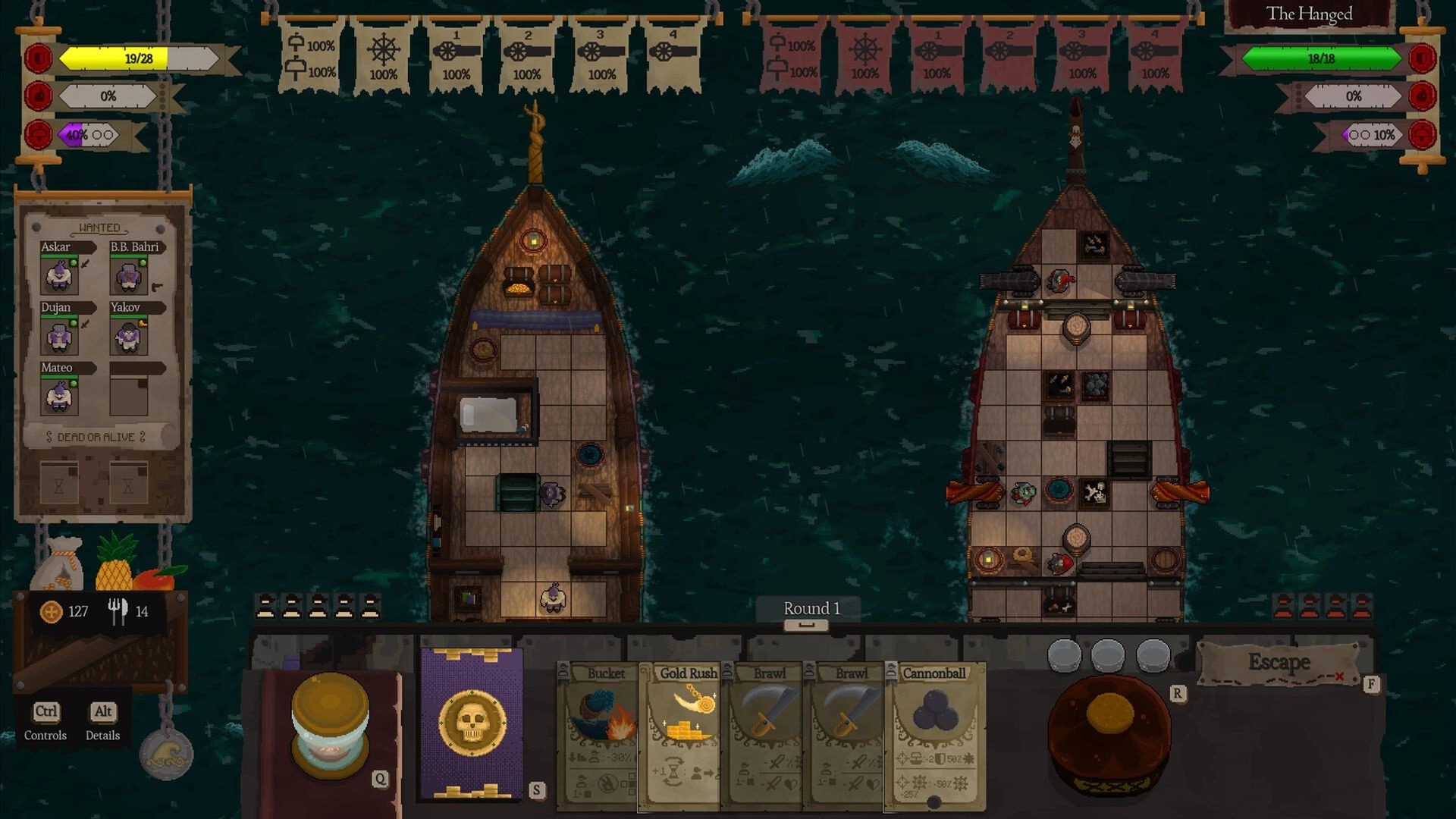 Red Rogue Sea: Two pirate ships engage in battle with visible crew status and card deck interface