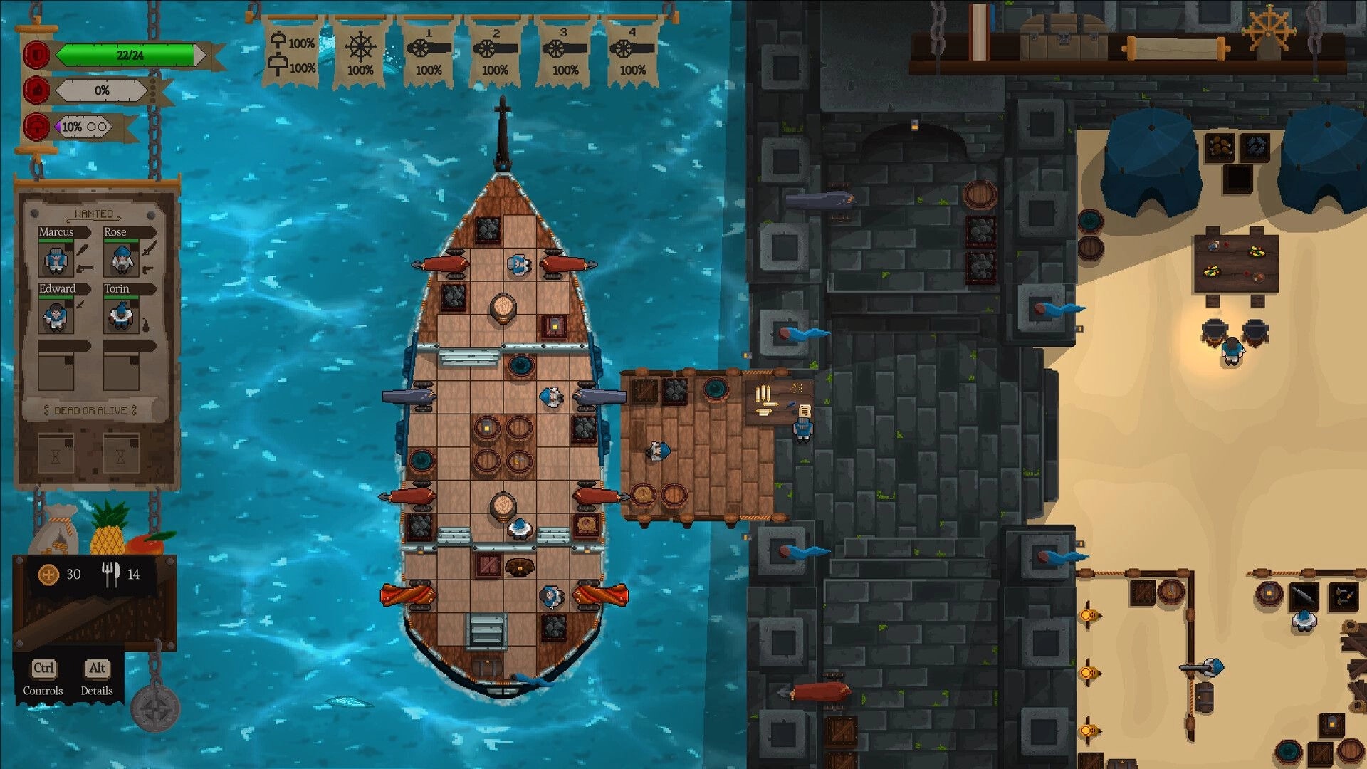 Red Rogue Sea: Pirate ship docked at island market with crew visible and inventory menu on display
