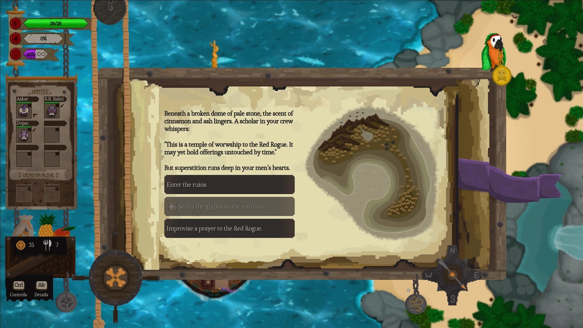 Red Rogue Sea: Decision menu with options to explore ruins, set against a vibrant coastal map background.