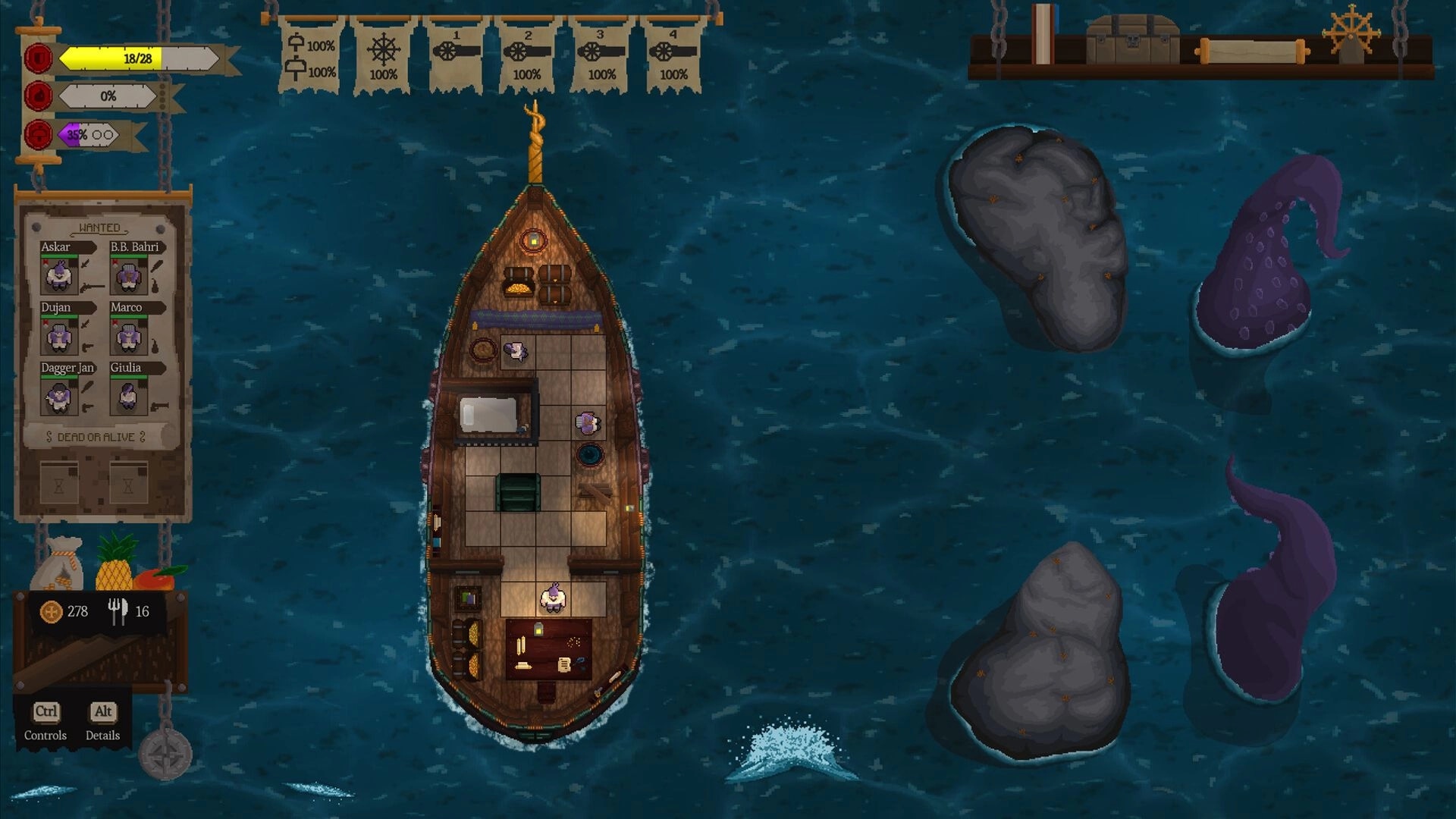 Red Rogue Sea: Pirate ship navigating treacherous waters with tentacles and rocks, UI showing crew stats.