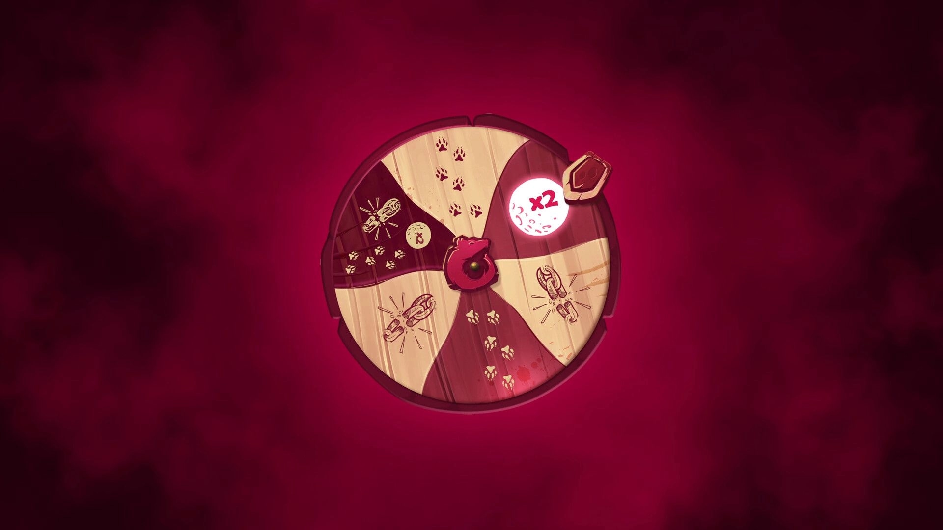 Redhowl: Spinning fate wheel UI with pawprint and chain icons on a red vignette background.
