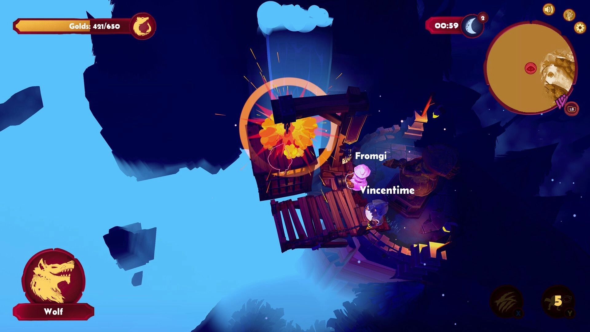 Redhowl: Wolf player triggers an explosion on a wooden platform as Fromgi and Vincentime watch nearby.