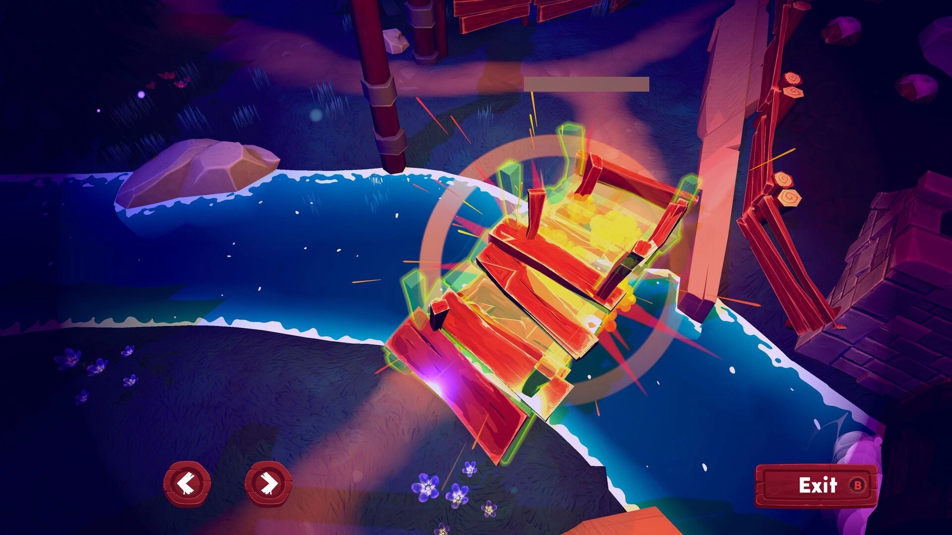 Redhowl: Glowing wooden bridge construction over a river with rotate arrows and Exit button UI visible.