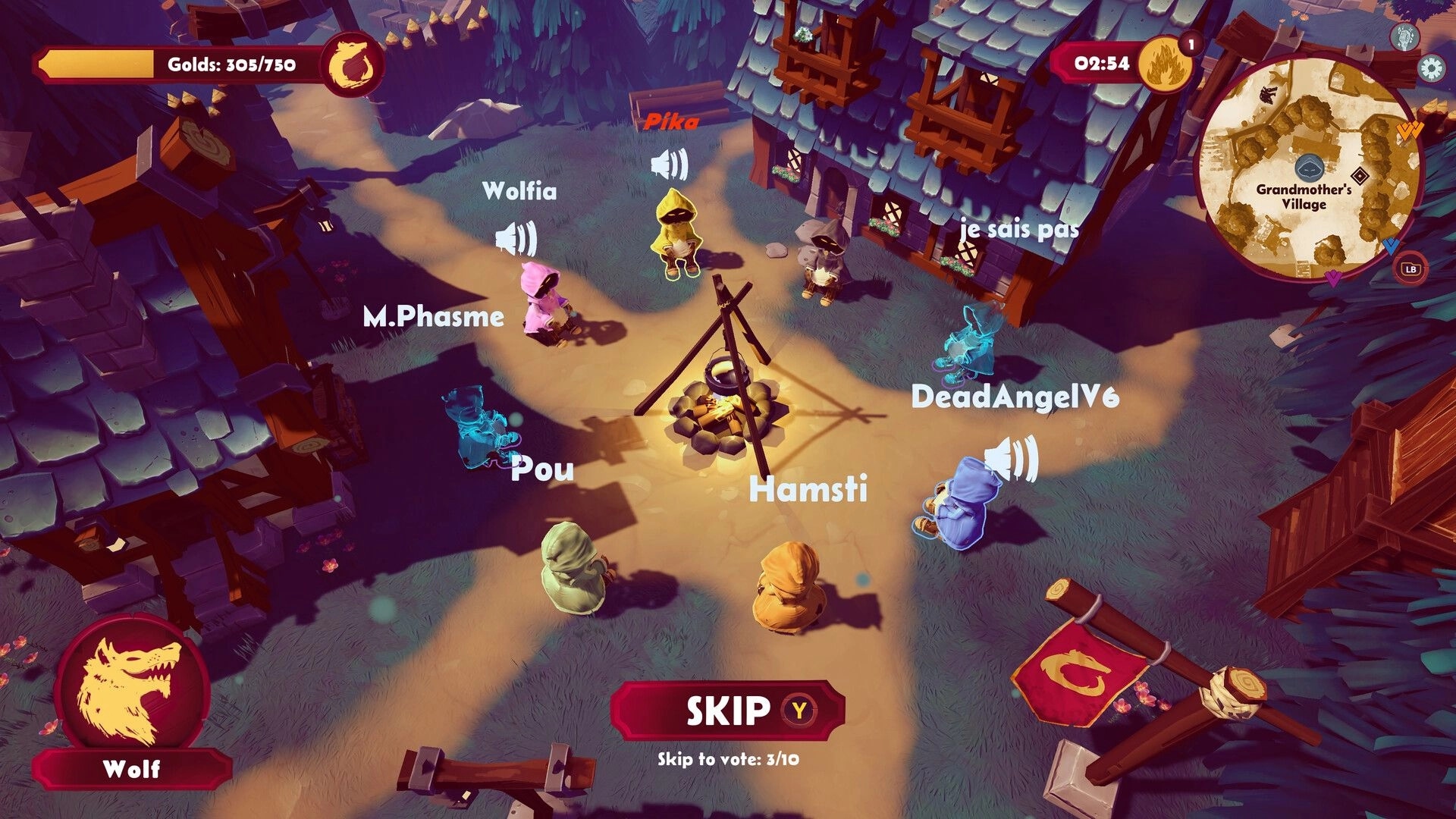 Redhowl: Players with voice icons gather by a campfire in Grandmother's Village vote skip UI.
