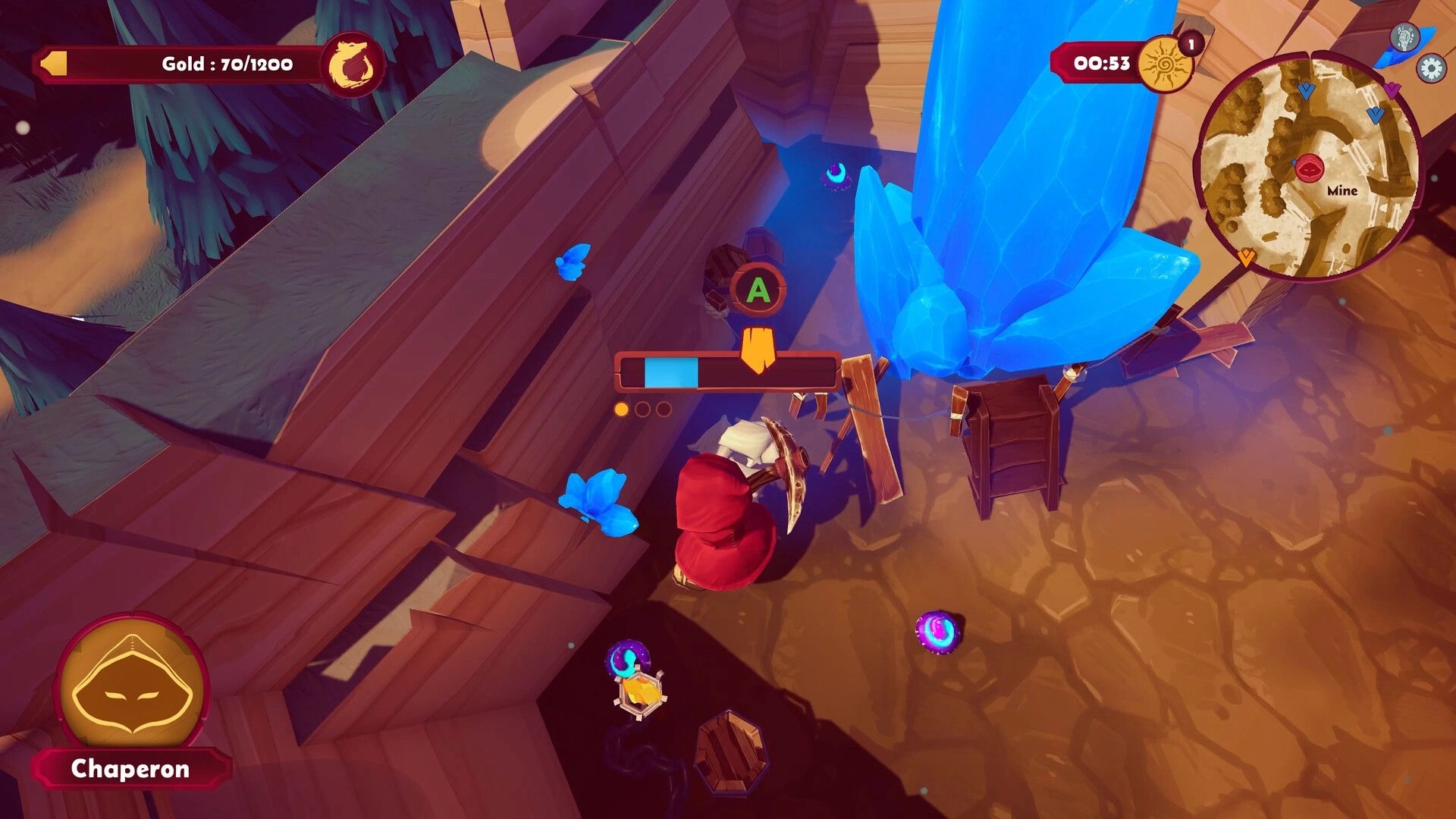 Redhowl: Chaperon mines a glowing blue crystal with an A prompt in a wooden mine area UI visible.
