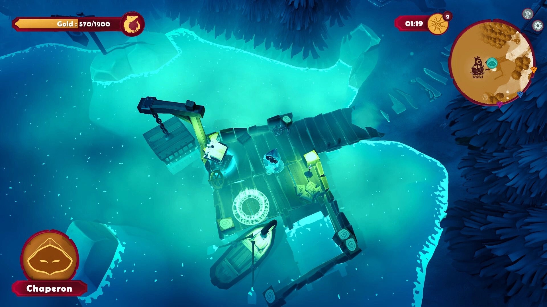 Redhowl: Chaperon stands on a dock by a lantern and boat, with gold counter and minimap UI visible.