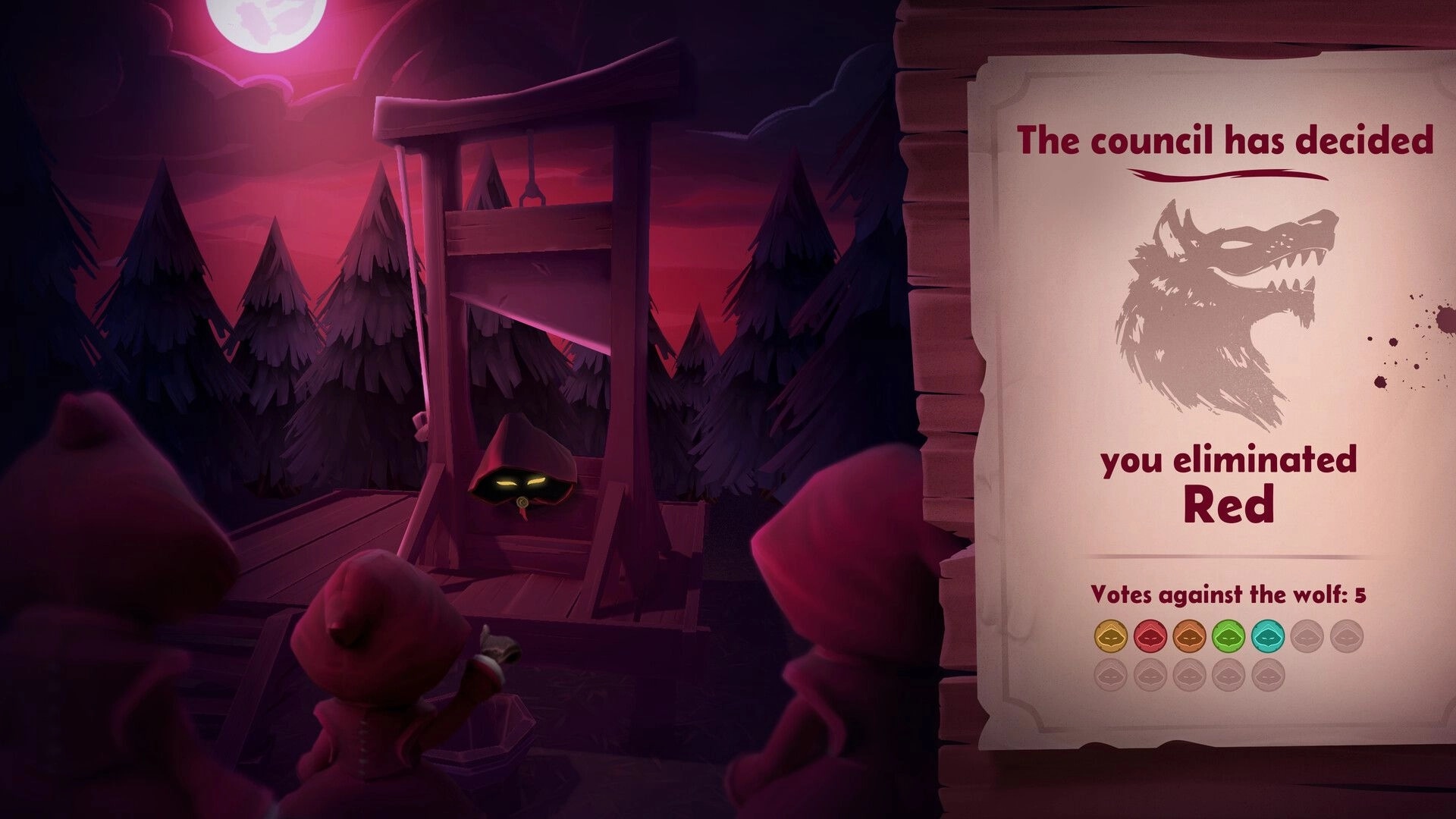 Redhowl: Council vote results screen shows Red eliminated beside a moonlit gallows in dark woods.